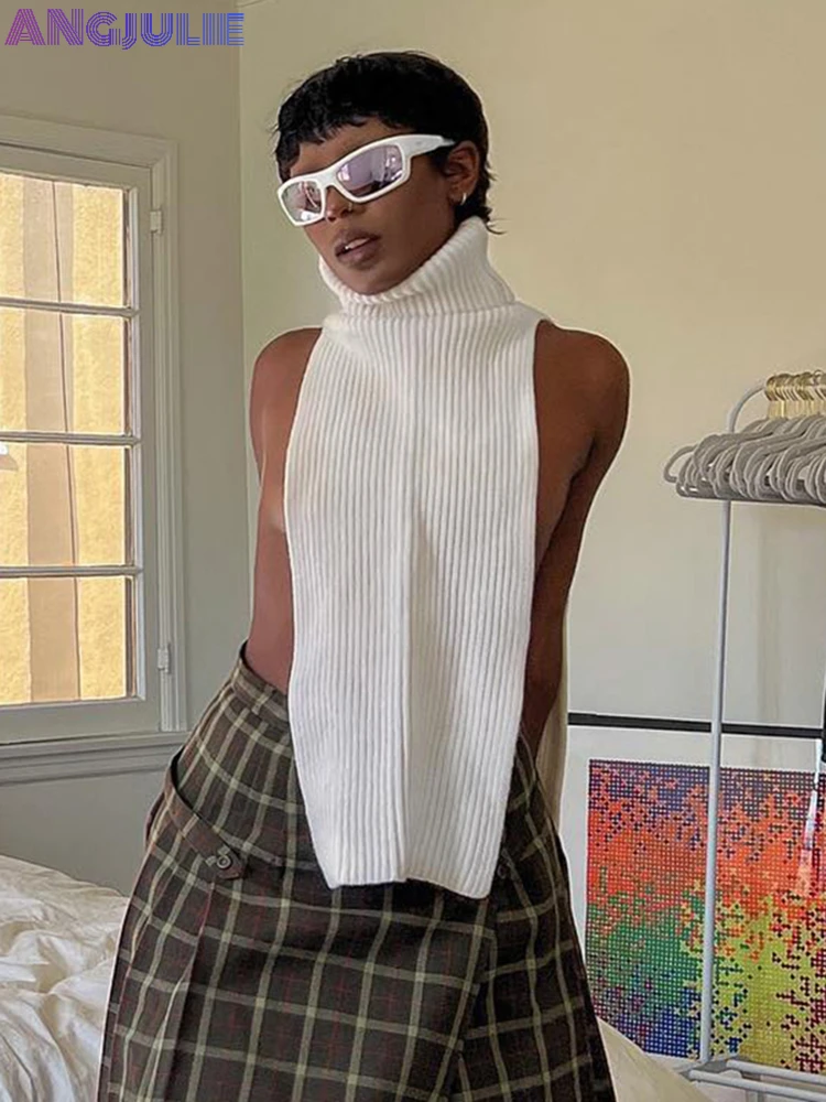 

Angjulie Knitting Sleeveless Top Women Turtleneck Side Hollow Out Loose White Tank Top 2022 Autumn New Fashion Street Style Tops