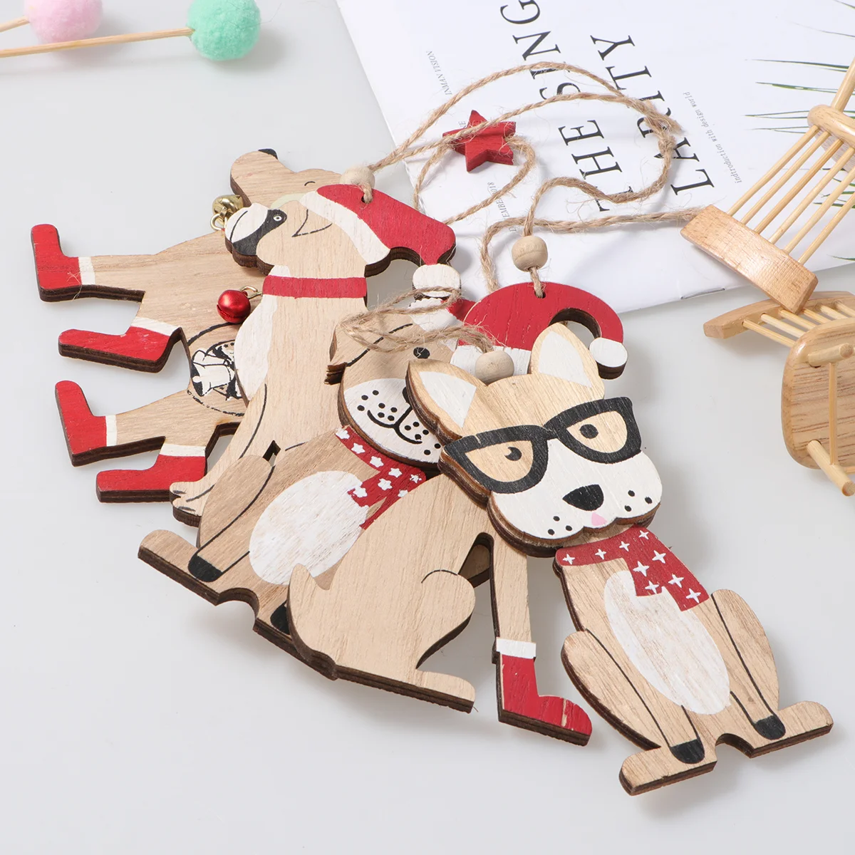 

Christmas Wooden Dog Pendant Hanging Decorations Tree Wood Ornaments Bell Ornament Tags Decor Crafts Mantel Holiday Craft