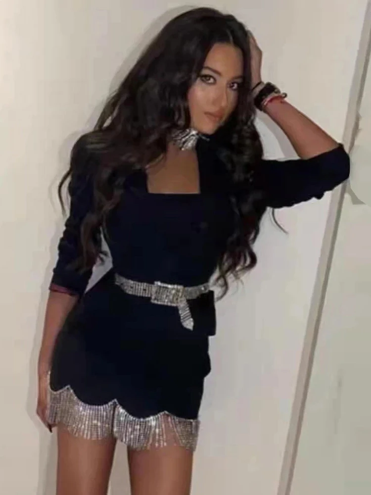 

Sexy Elegant Long Sleeve Square Black Mini Bandage Dresses for Women Fashion Diamonds Tassels with Belt Bodycon Club Party Dress