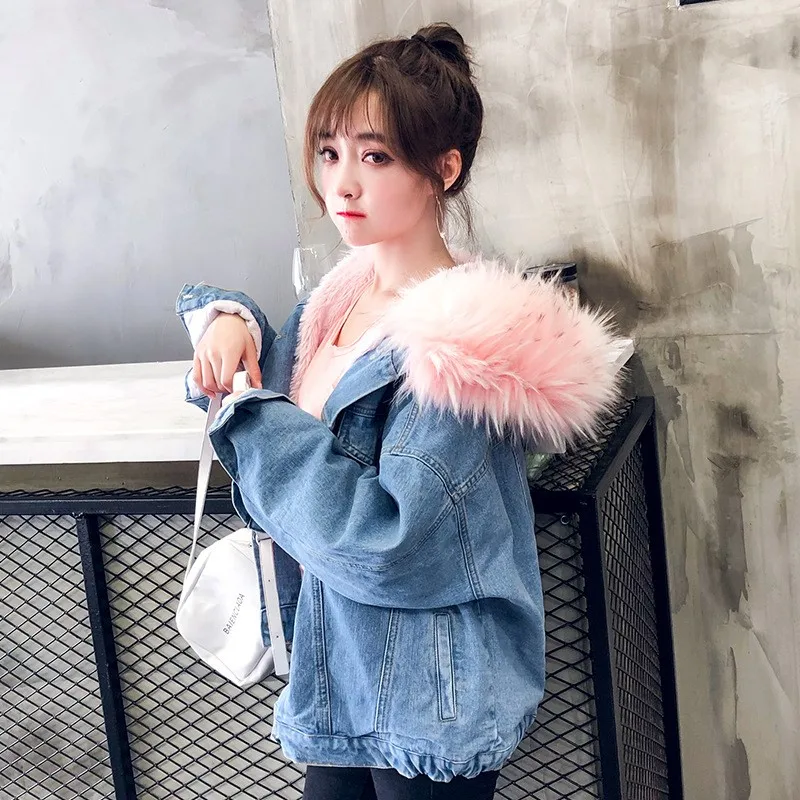 Зимняя свободная толстая джинсовая куртка в корейском стиле с большим плюшевым