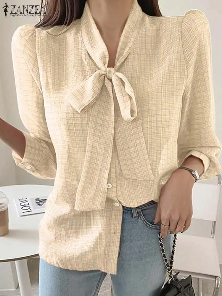 

ZANZEA Bow Tie Neck Holiday Shirts Elegant Checked Chemise Loose 2023 Autumn Blouses Casual Women Puff Sleeve Plaid Fashion Tops
