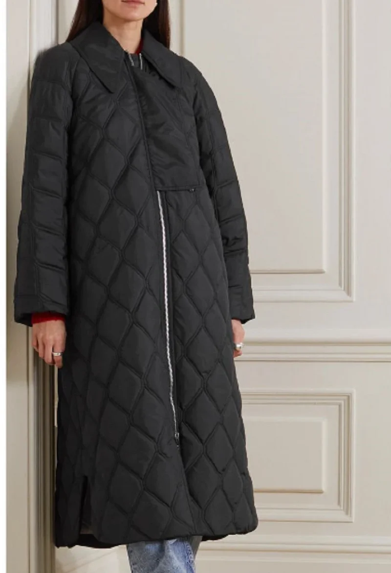 

Women's Black Mid-Length Jacket Zipper Turn-down Collar Warm Parkas Coat