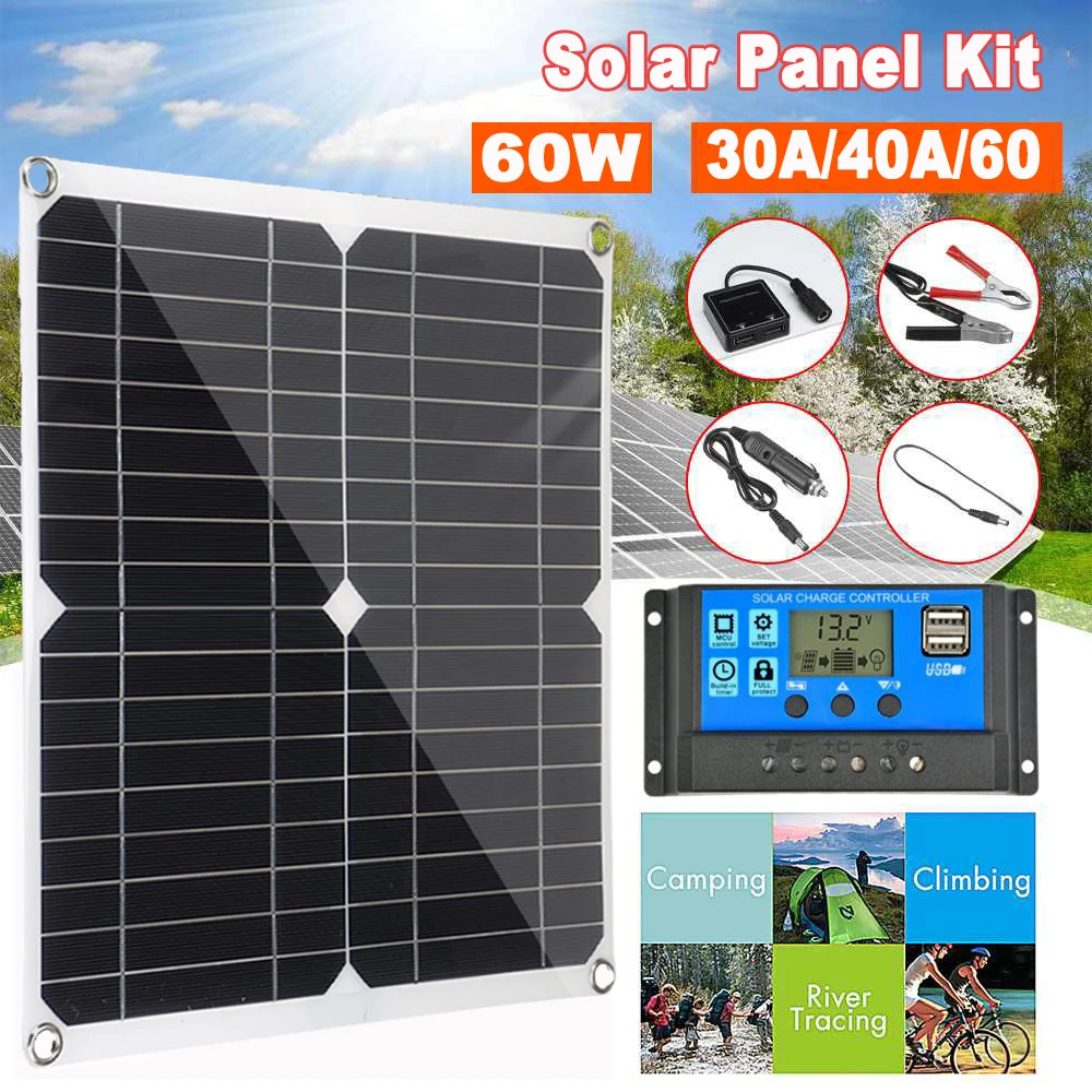 

12V 60W Protable Solar Panel Kit Dual USB Port with 30A/40A/60A Display Solar Charge Controller Off Grid Monocrystalline Module