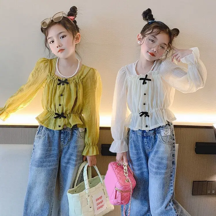

Blouses Pretty Casual Sweet Colorful Attractive Korean Solid Bows Children Clothing Lace Bubble Sleeve Button Single Row