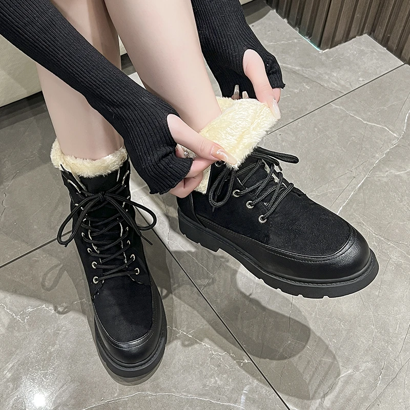 

Women's Luxury Lace Up Round Toe Motorcycle Boots 2023 Winter Thick Sole Short Boots Designer Platform Shoes Zapatos De Mujer