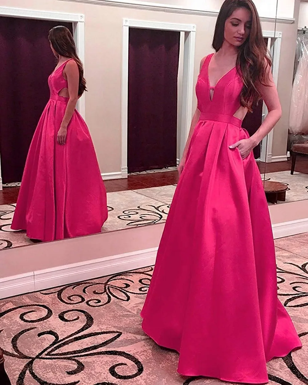 

2022 A-Line Satin Long Evening Party Gowns With Pocket V-Neckline Sleeveless Open Back Purple Prom Dresses