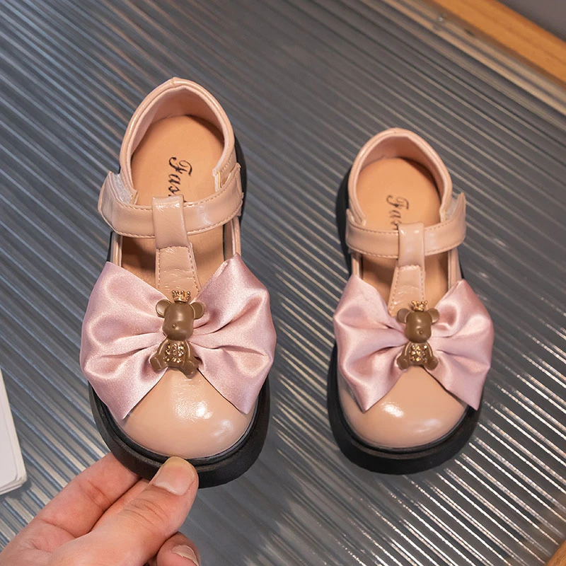 Children Breathable Fashion Silk Bow Girls Beautiful Leather Shoes with Cute Bear Spring New Round-toe Shallow Kids 2022 Loafers enlarge