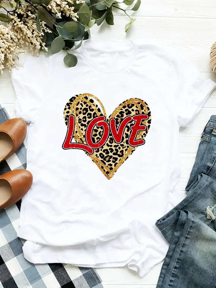 

Женская футболка с рисунком, летняя одежда, модная повседневная футболка с леопардовым принтом и надписью Love, с коротким рукавом