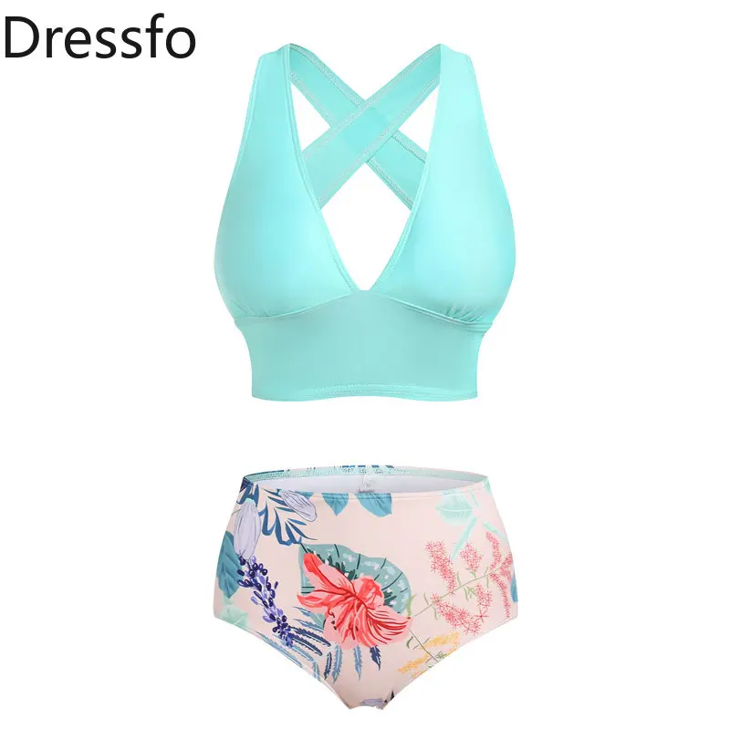 

Dressfo Cross Back Flower Print Tankini Swimwear Mix and Match Tankini Contrast High Waisted Plunging Gather Cup Bikinis Set