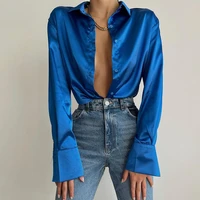 boozrey elegant spring fashion satin tops and blouses women open stitch casual flare sleeve shirts blouse tops streetwear