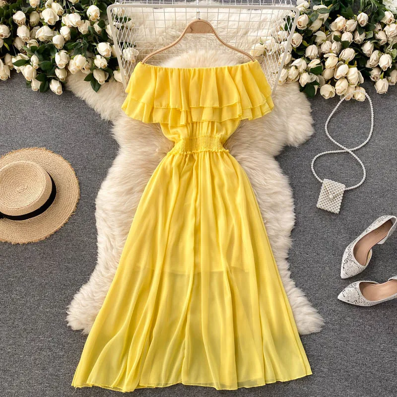 

2022Summer Nerw Women Casual Dress Off Shoulder Chiffon Holiday Sweet Slash Neck Mid-Calf Polyester Solid Slim Sexy Party Dress