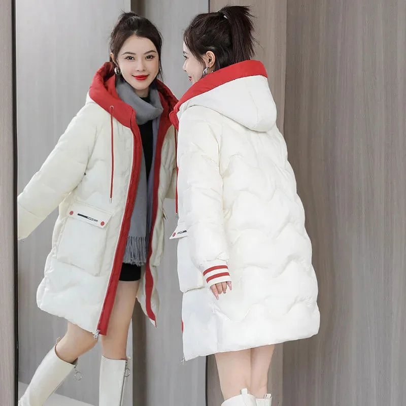 Women's Winter Oversized Leisure Medium And Long Down Jacket Korean Fashion Loose Hooded Thick Coat Simple Wavy Medium And Long