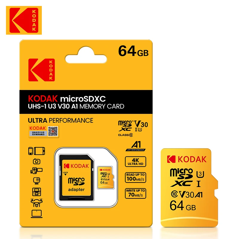 100pcs Original Kodak Micro SD Card 64GB High Speed 64gb Memory Card U3 A1 V30 Class 10 SD TF Card For adapter freeshipping