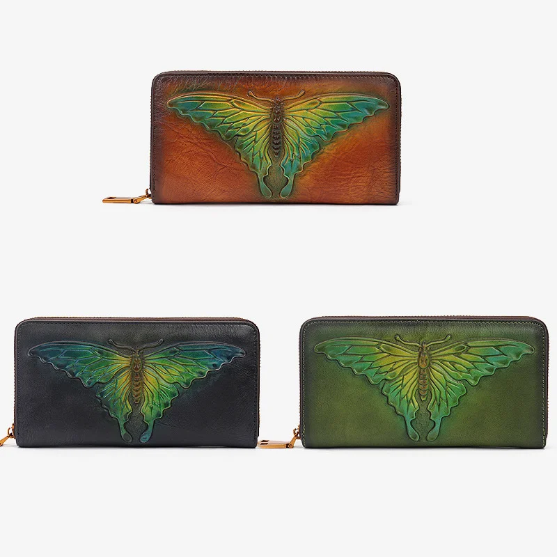 

Ladies Retro Butterfly Embossed Wallet Women's Genuine Leather Zipper Pouch Female Cowhide Card Holder Girls Long Purse