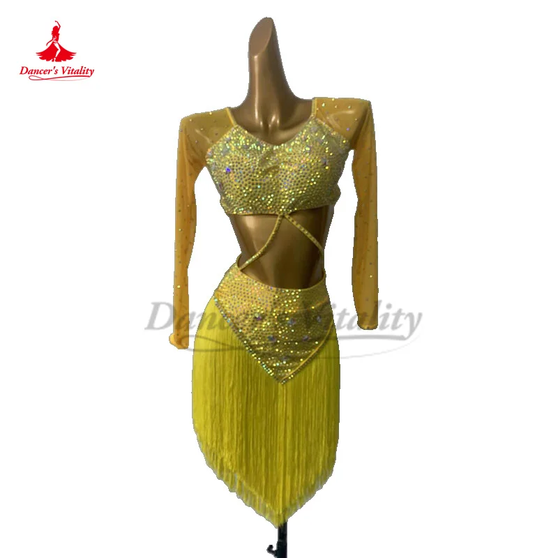 

Latin Dance Fringe Dress Women Customsized Competiton Costume Rumba Chacha Tango Performance Professionaltassel Dress for Girl's