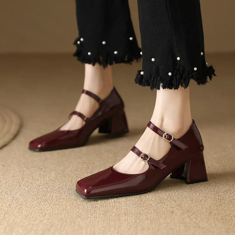 

Size 33-48 Burgundy Silver Women Luxury Shoes Double Buckle Strap Closed Toe Chunky Heels Mary Janes Pumps Retro Ladies Shoes