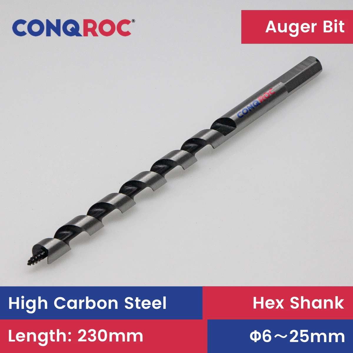 

Length-230mm Spiral-Flute Auger Drill Bit Self-Centering Woodworking Pole Bit Hex Shank Diameter-6~25mm