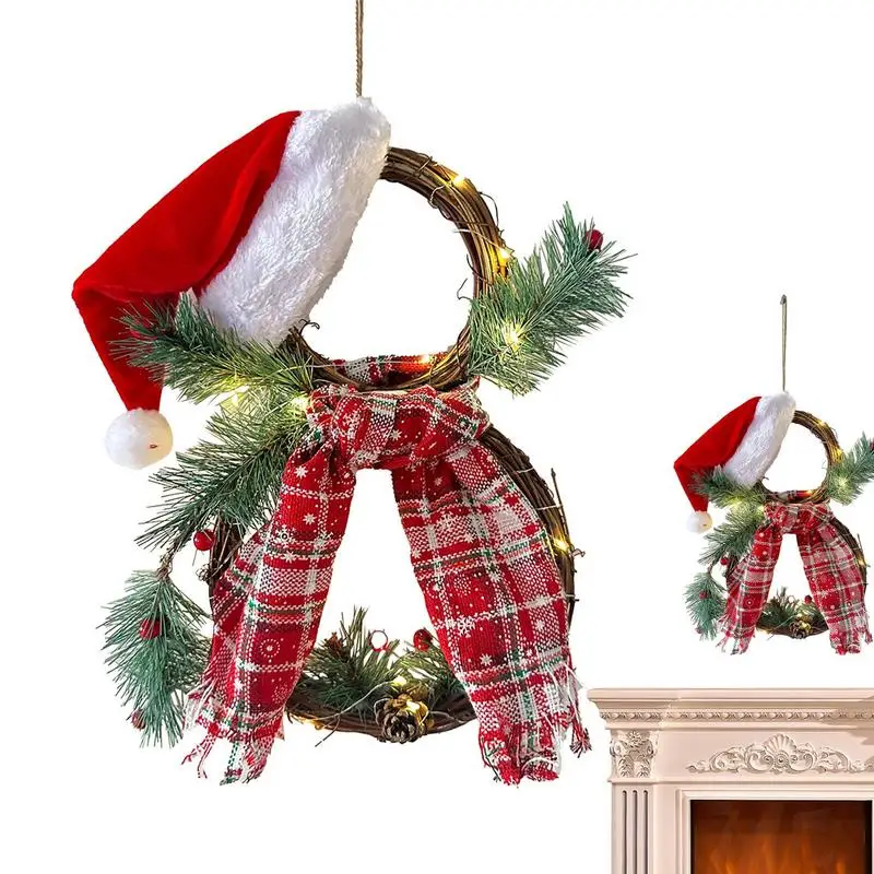 

Light Up Christmas Wreath Decoration Christmas Red Berry Wreath With Hat And Bow Christmas Tree Home Decor Front Door Garlands