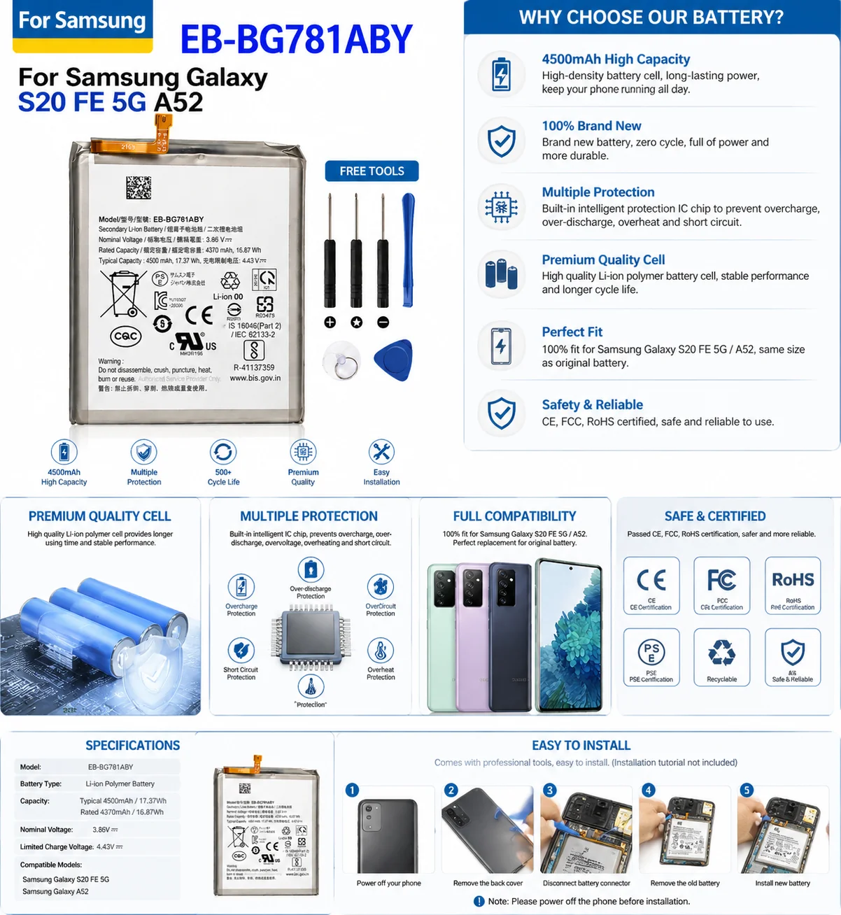 Фото Высокоемкостная сменная батарея EB-BG781ABY EB-BA525ABY для Samsung Galaxy S20 FE 5G A52 A52S G780F G781F SM-A526B A526U A528 №4
