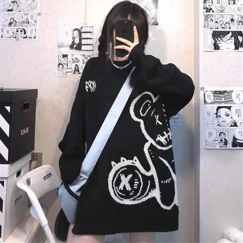 

Women Sweaters Oversized Knitted Basic Pullovers O Neck Loose Soft Female Knitwear Jumper Cartoon Bear Vintage Japanese Sweaters