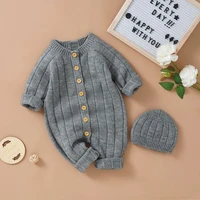 2022 autumn new toddler knitted long sleeve romper set infant solid cardigan jumpsuitcap 2pcs suit baby girl fashion onesie set