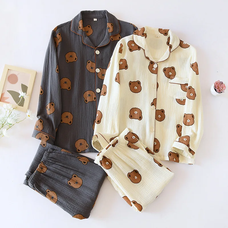 Couple Pajamas Suit Men Thin Long-sleeved Spring Washed Cotton Crepe Lapel  Autumn Trousers Women Cartoon Two-piece Home Clothes