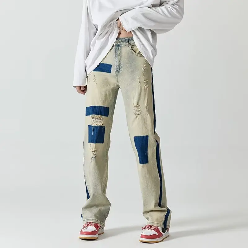 DEEPTOWN Ripped Print Jeans Loose Straight Trousers Male Blue Distressed Washed Denim Pants Fashion Streetwear Casual Spring