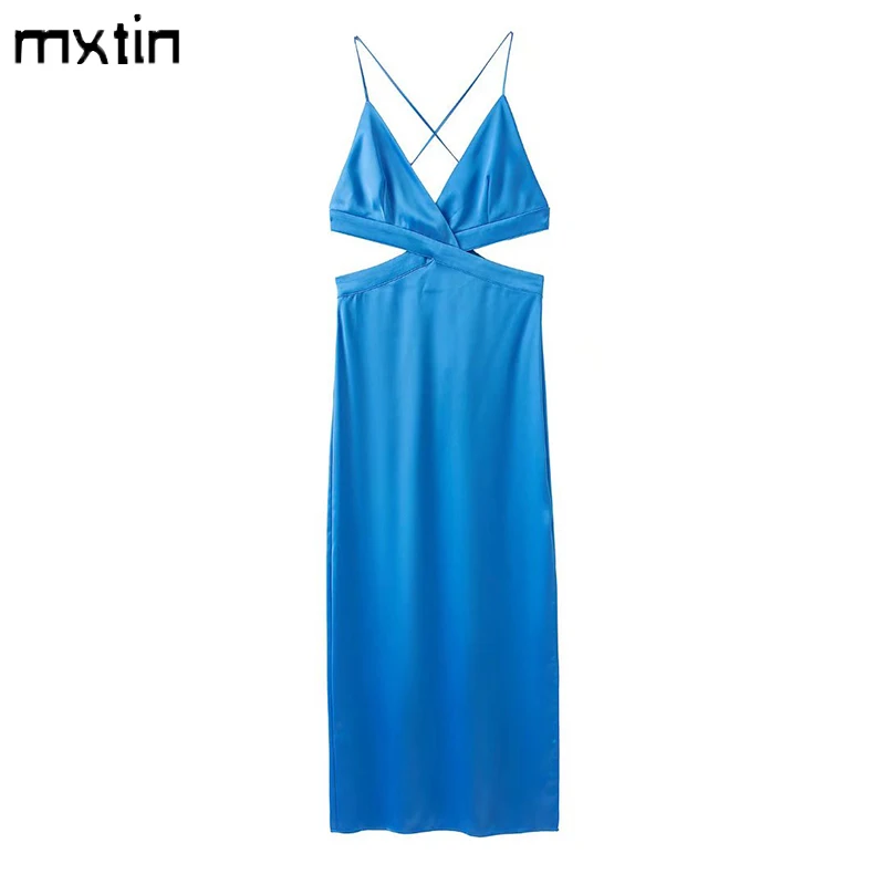

2022 Women Summer Fashion Sexy Solid Split Midi Dress Vintage V-Neck Sleeveless Backless Hollow Out Party Female Dresses Mujer