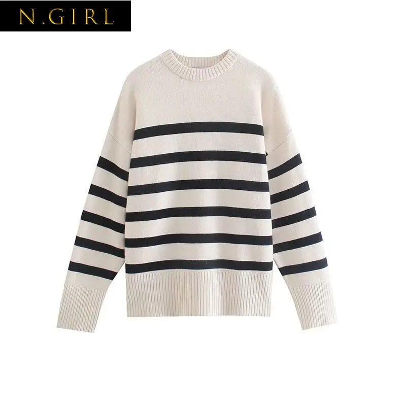 N GIRLS Takesi ZA Autumn Women's Sweater Oversize Long Sleeve Casual Vintage O-Neck Top Female Striped Pullover Basic All-match