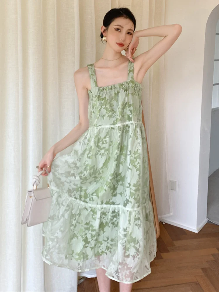 

Женское платье без рукавов, зеленое праздвечерние чное платье на бретелях-спагетти с цветочным принтом, модель G320 на лето, 2022