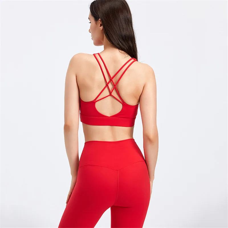 

Solid Color Gym Fitness Set Sports Cross Bra Top And Yoga Leggings 2pcs Women Yoga Suit Workout Comprehensive Training Sportwear