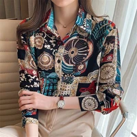 2022 spring and autumn retro ethnic style all match design printing ladies chiffon shirt long sleeved top loose western shirt