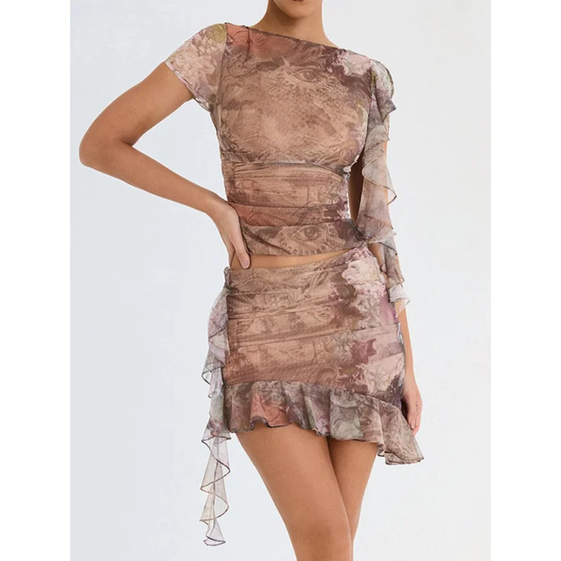 

Ruffle Print Two Piece Set For Women Short Sleeve Crop Top And Mini Skirt Matching Sets Ladies Club Party Dress Set