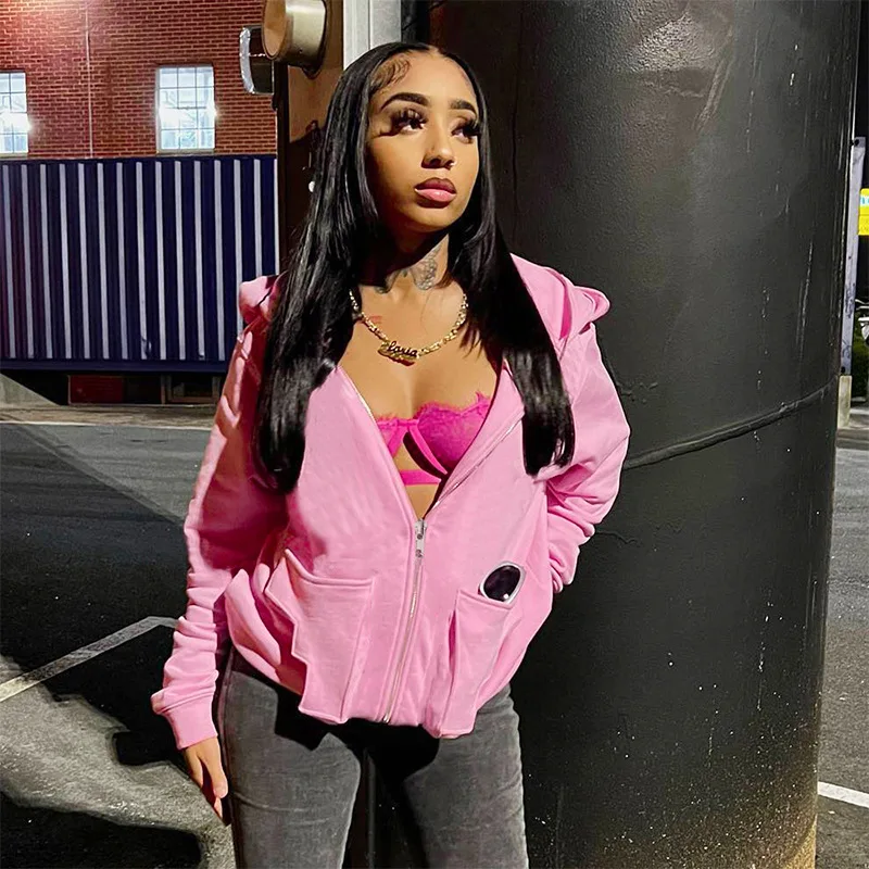 

Hoodie Zip Up Jacket Crop Pink Top Y2K Streetwear Winter Clothes Women 2023 Cropped Casual Fashion Jackets Sexy Pink Coats