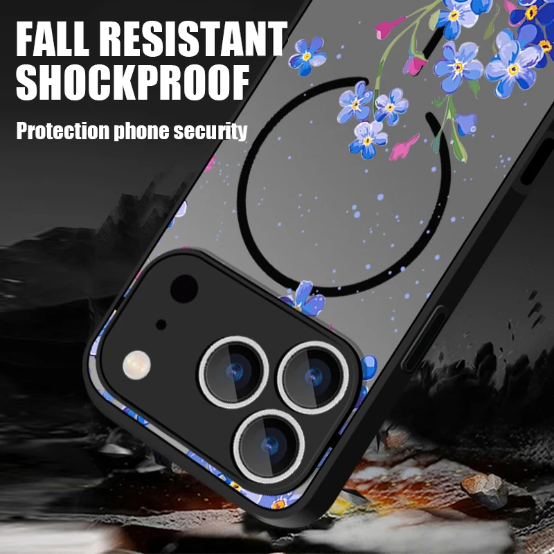 Фото Синий магнитный чехол с цветочным узором для iPhone 17, 17e, 16e, 16, 15 Pro, 14, 13 Pro Max, совместимый с MagSafe, полупрозрачный матовый жесткий чехол из поликарбоната №3