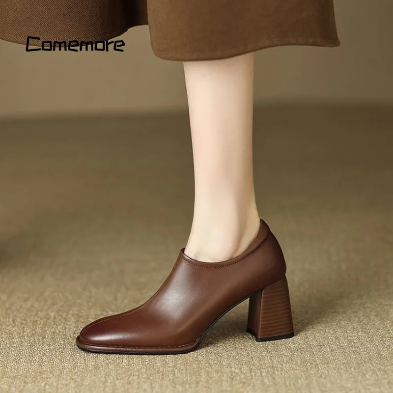 

Женские ботинки в стиле ретро Comemore, коричневые кожаные туфли-лодочки на Высоком толстом каблуке с квадратным носком, весна-осень 2023