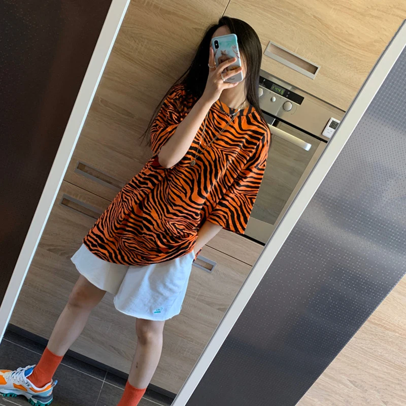 Футболка женская с коротким рукавом уличная одежда в полоску зебры топ круглым