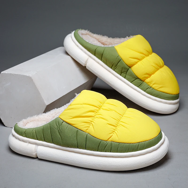

WSNG Cotton slippers thick soled men's winter new down hair flat slippers warm keeping slippers home anti-skid semi slippers