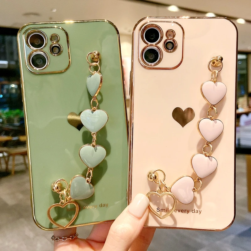 

Роскошный Гальванизированный чехол для телефона с сердечками для iPhone 11 12 Pro Max XS X XR 7 8 Plus Mini SE 2020, чехол-бампер с браслетом, задняя крышка