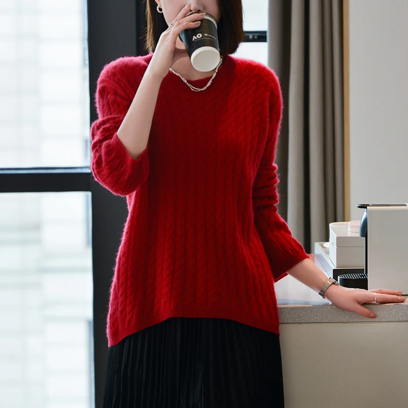 Женский свитер из мериносовой шерсти с круглым вырезом и длинными рукавами