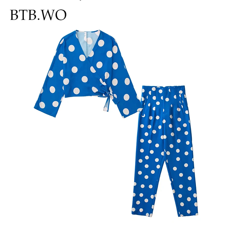 

BTB.WO Za 2 Pieces Sets Female Vintage Print Blouse Suit Casual Blouse Tops + High Waist Straight Pants Female Two Piece Sets