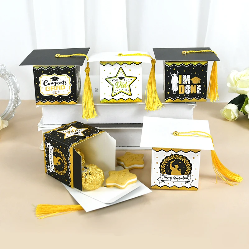 

Happy Graduation Party 10pcs Grad Cap Candy Boxes Decorations Gift Chocolate Packaging Box for Congrats Graduate Party Supplies