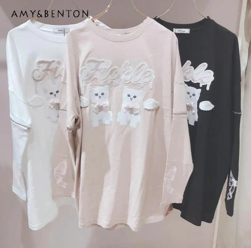 

Милая женская футболка в японском стиле, топ с вышивкой и надписью в виде милого кота, Женская свободная футболка с длинным рукавом и круглым вырезом
