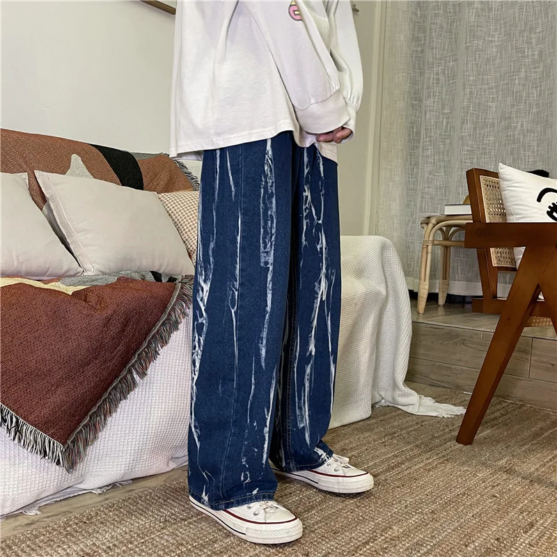 DEEPTOWN Y2K Straight Jeans Men Harajuku Streetwear Denim Pants Loose Casual Trousers Male Black Blue Fashion Hip Hop Spring