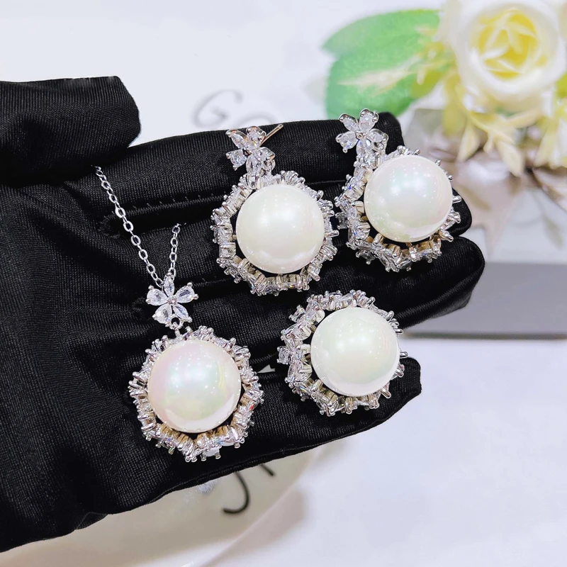

KOFSAC French Vintage Pearl Set For Women Elegant Zircon Flower Earrings Ring Necklace Beautiful 925 Silver Anniversary Jewelry