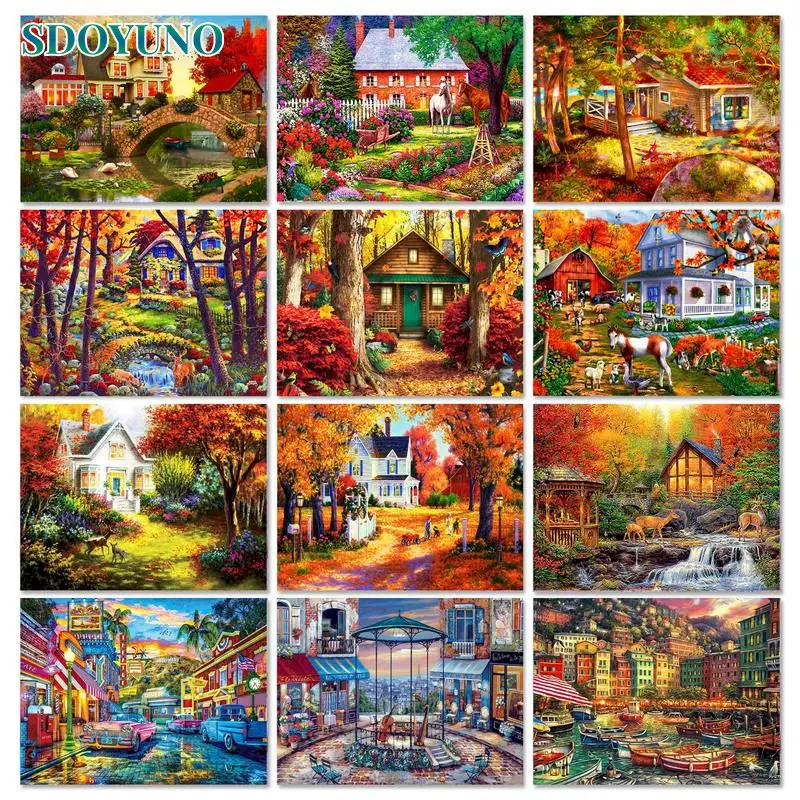 

SDOYUNO Frame House Diy Painting By Numbers Landscape Modern Wall Art Picture Acrylic Coloring By Numbers Canvas Painting Diy Gi