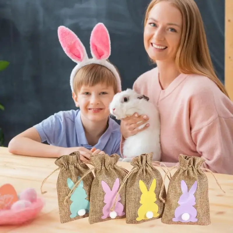 

Easter Party Favors Decor Burlap Candy Bags Linen Packaging Bag For Gift Bunny Drawstring Pocket Easter Gift Bag Linen 24pcs/set