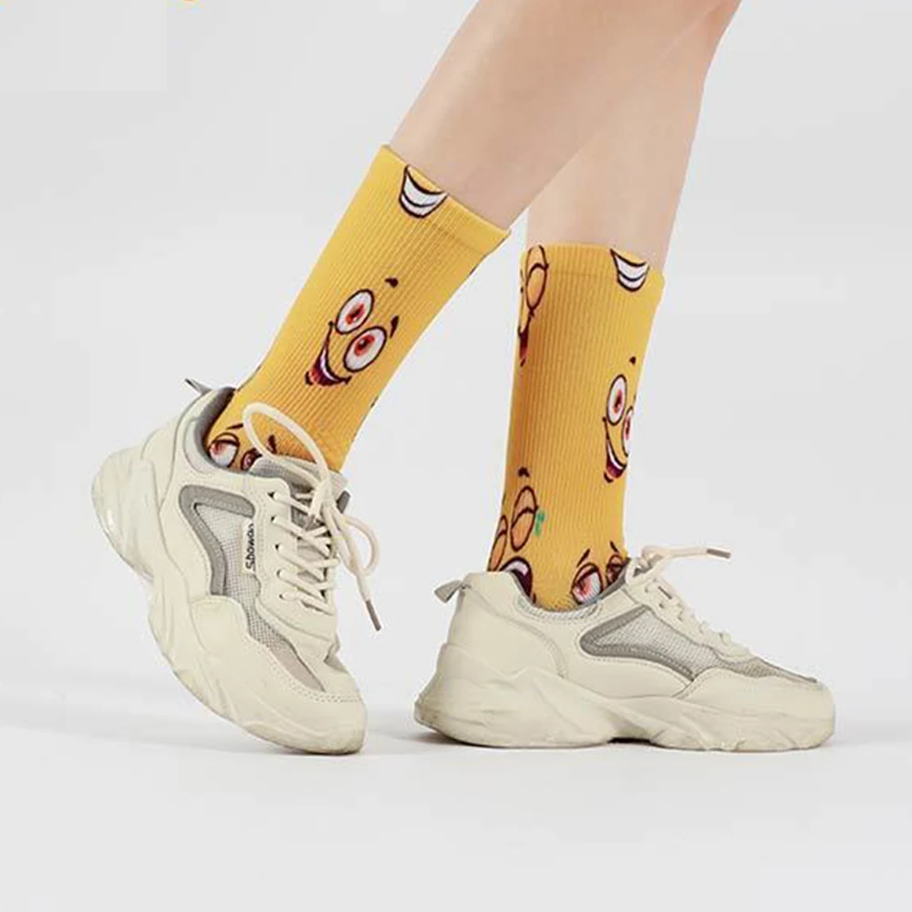 3Pairs Women Fashion Socks Cartoon Cute Smiley Pattern Happy Colorful Sock Unisex Sports Casual Print Polyester Mid Tube Socks