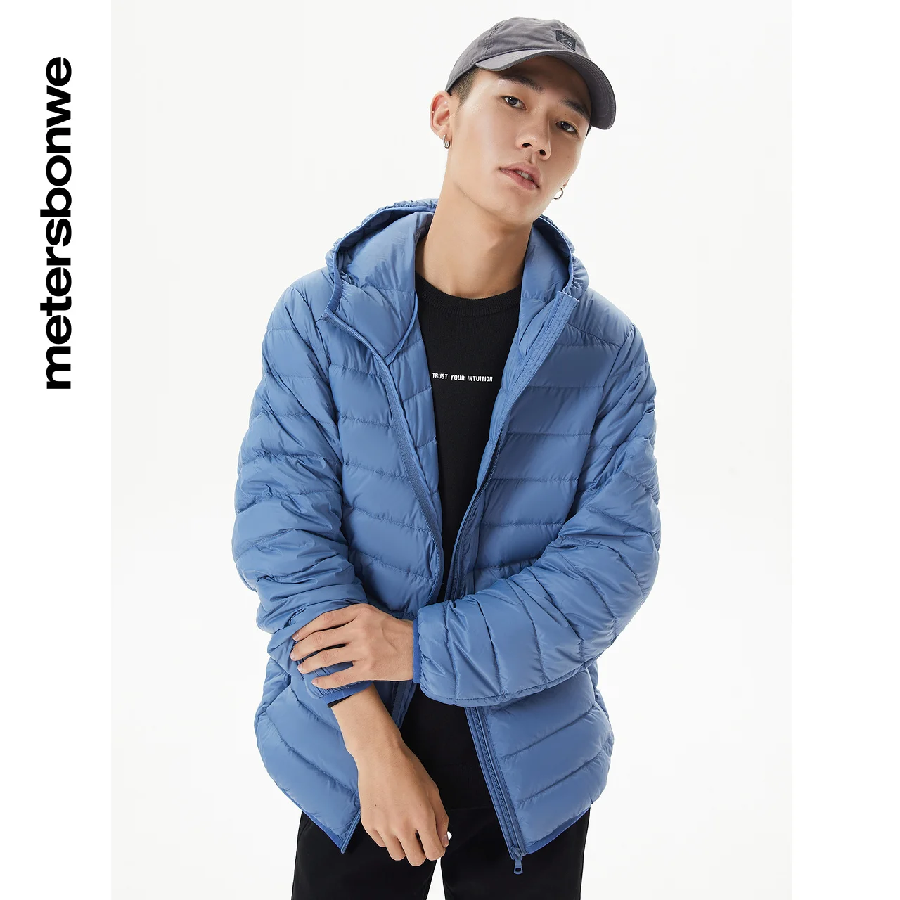 Metersbonwe Men's Solid Color Warm Down Jacket  With Hooded 90%Duck Down Ultra Light Thin Warm Wear Slim Short Winter Down Coat