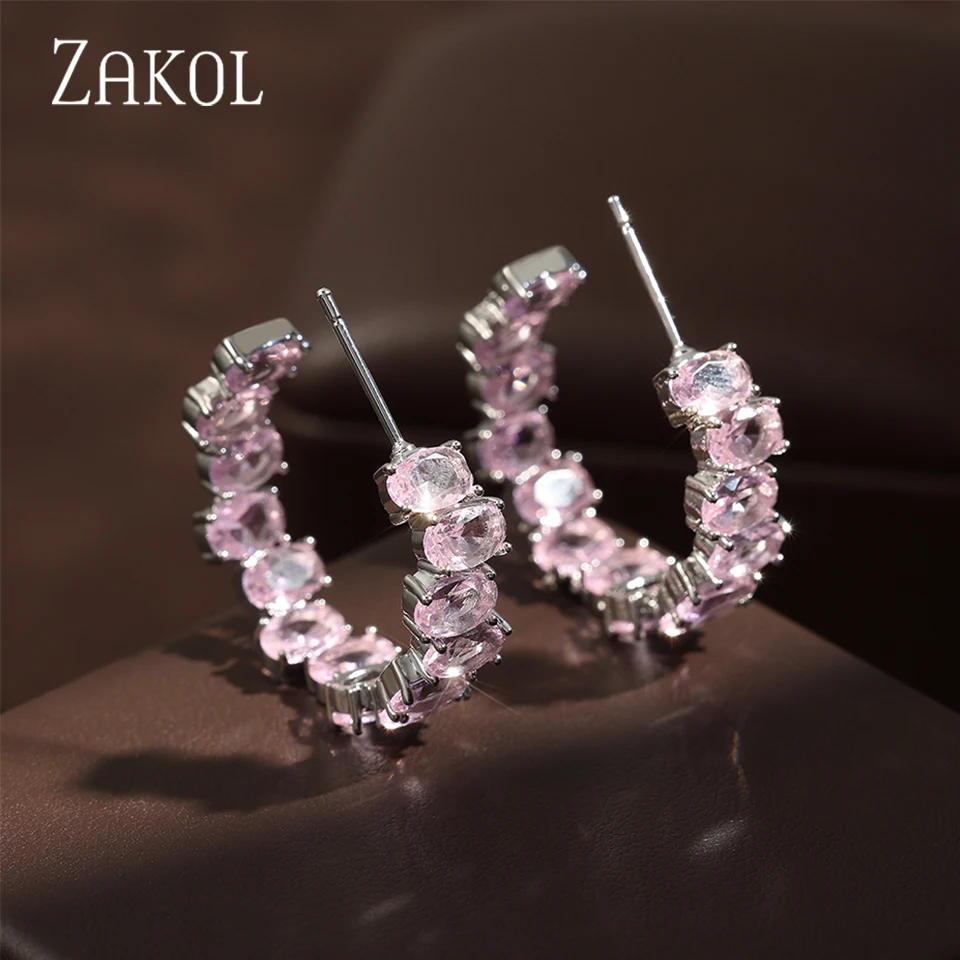 ZAKOL новые розовые овальные циркониевые серьги-кольца в форме CC для женщин модные